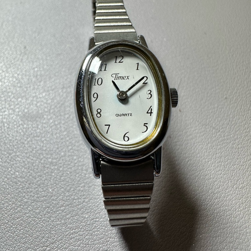 Timex Vintage Women’s Silver Oval Watch with White Dial